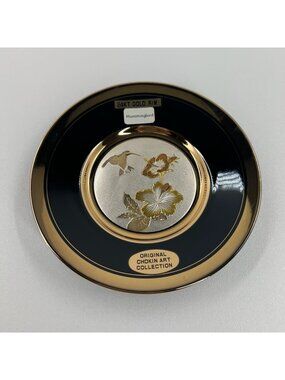 Dynasty Gallery Art of Chokin Hummingbird Hibiscus Collector Plate 6" Gold Black